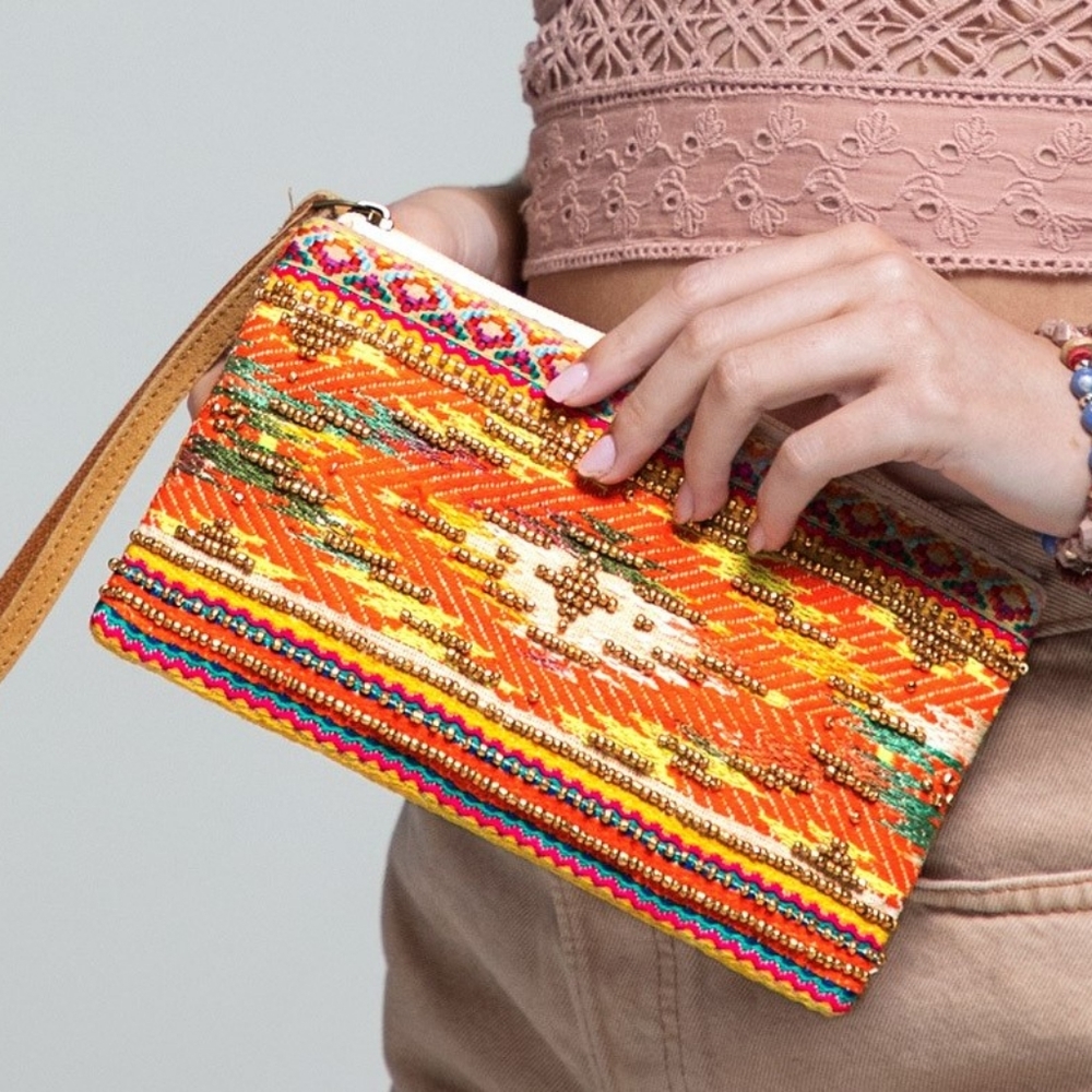 Handmade Hand Beaded Wristlet Clutch - Ethnic Inspired Design - Bright Colorful